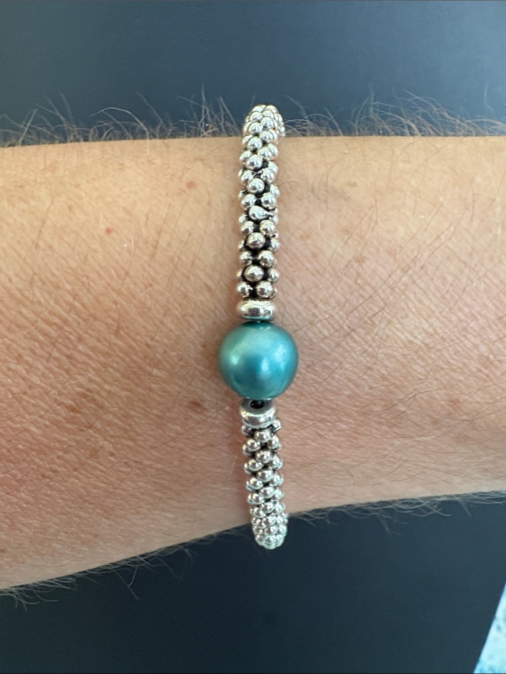 Handmade Sterling Silver Caviar Style Turquoise Dyed Pearl Bracelet 7.5” - Picture 4 of 6